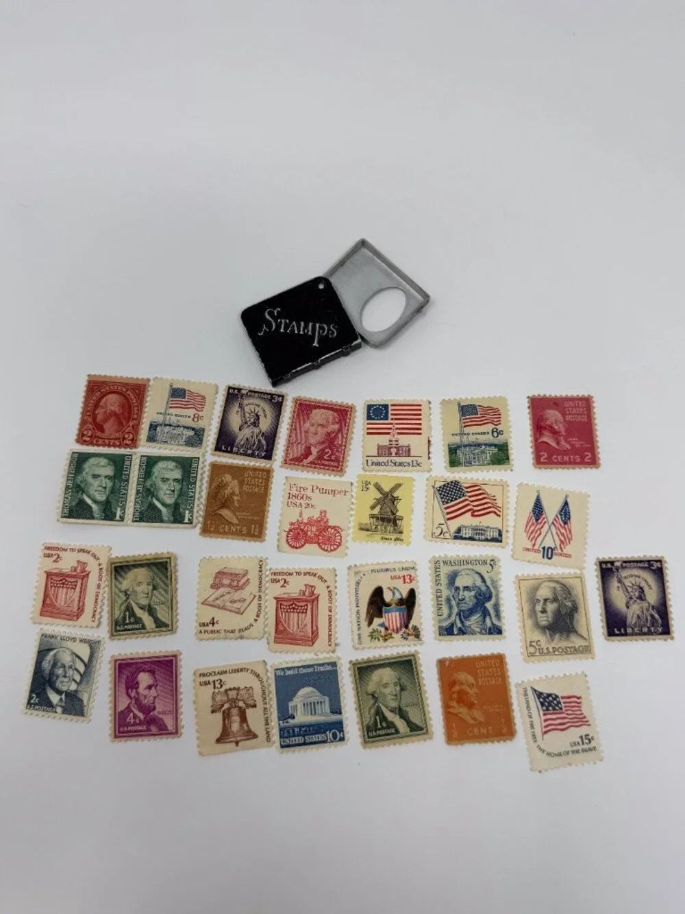 Vintage US Postage Stamp Lot + Mini Stamp Holder Case Americana Collectible